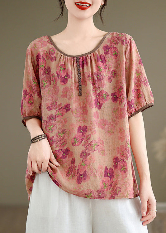 New Pink O Neck Print Button Linen Top Summer JH044