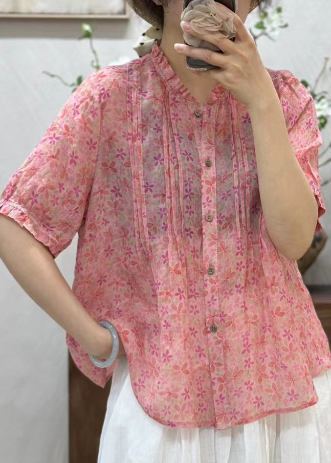 New Pink Ruffled Button Print Linen Shirt Summer JH007