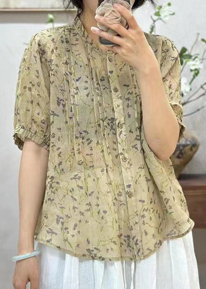 New Pink Ruffled Button Print Linen Shirt Summer JH007