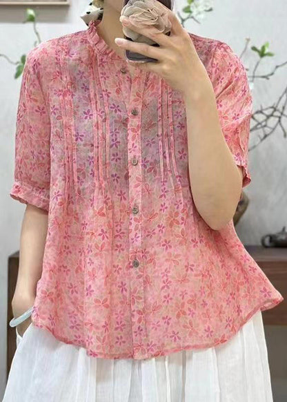 New Pink Ruffled Button Print Linen Shirt Summer JH007