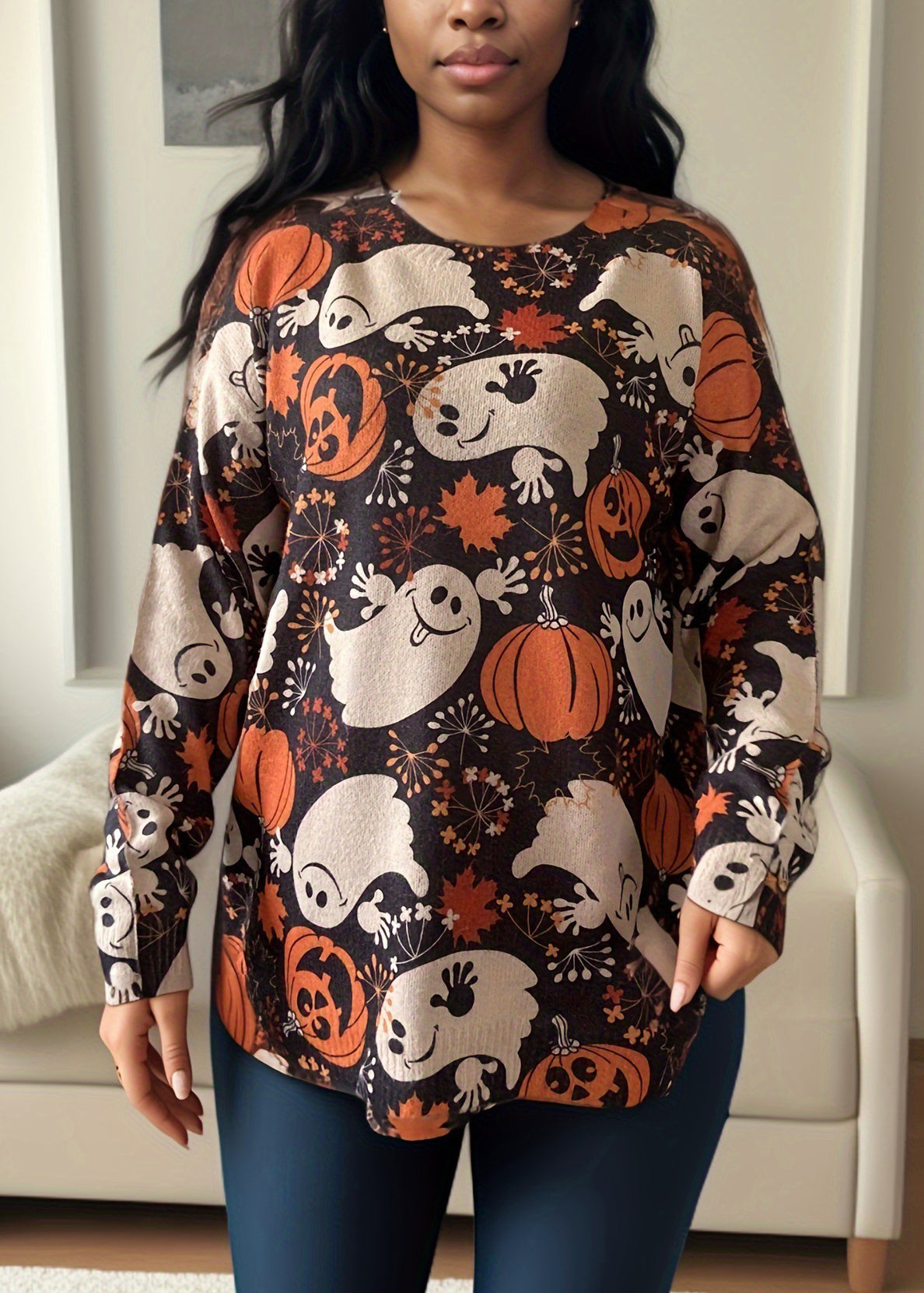 Nouveau pull en coton tricoté à col rond et manches longues imprimé AE1012