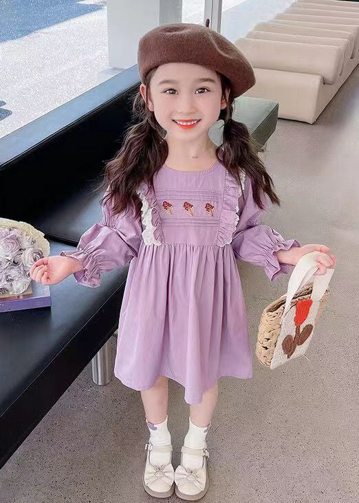 New Purple O-Neck Ruffled Cotton Girls Dress Flare Sleeve XZ052