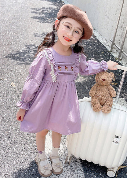 New Purple O-Neck Ruffled Cotton Girls Dress Flare Sleeve XZ052