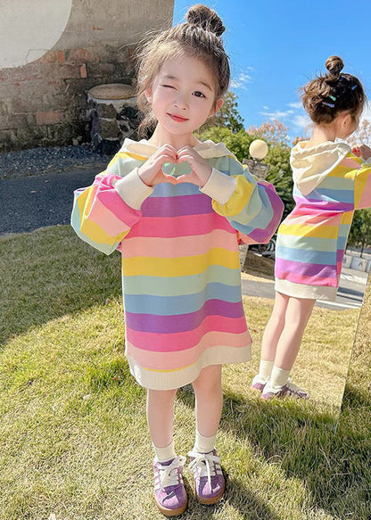 New Rainbow Hooded Lace Up Cotton Girls Sweatshirt Dress Fall XZ074