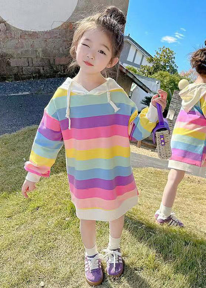 New Rainbow Hooded Lace Up Cotton Girls Sweatshirt Dress Fall XZ074