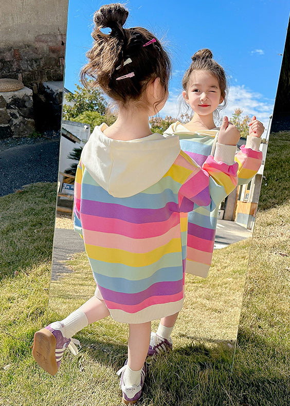 Neues Sweatshirtkleid mit Kapuze und Schnürung aus Baumwolle für Mädchen im Regenbogen-Design, Herbst, XZ074