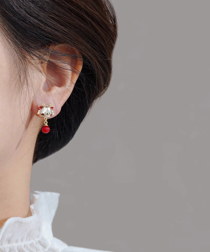 New Red Alloy The Year Of the Loong Pearl Drop Earrings WH051