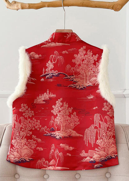 Nouveau gilet épais en patchwork à imprimé duveteux rouge sans manches QO062