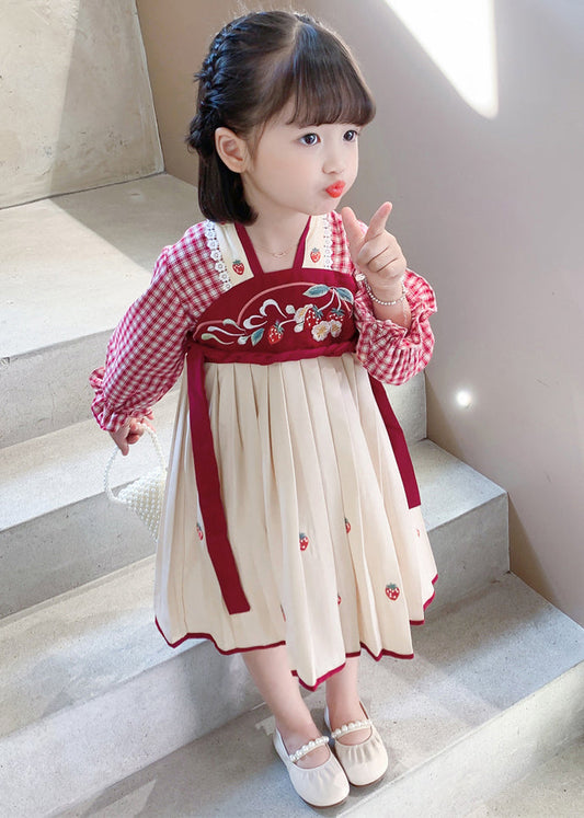 New Red Plaid Wrinkled Cotton Girls Dress Long Sleeve XZ024