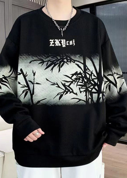 New Retro Black O Neck Print Cotton Men Pullover Streetwear Fall EQ011