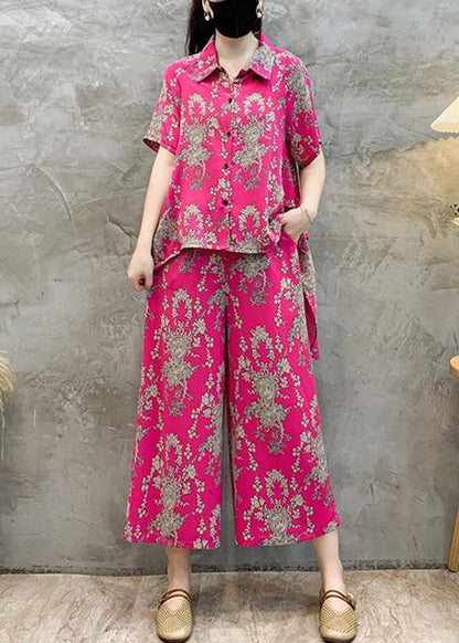 New Rose Print Shirts Tops And Crop Pants Cotton Two Pieces Set Summer AU1056