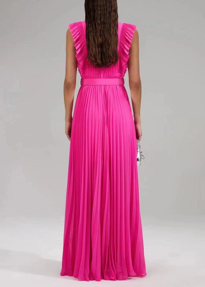 New Rose Ruffled Button Sashes Chiffon Maxi Dresses Sleeveless WW1063