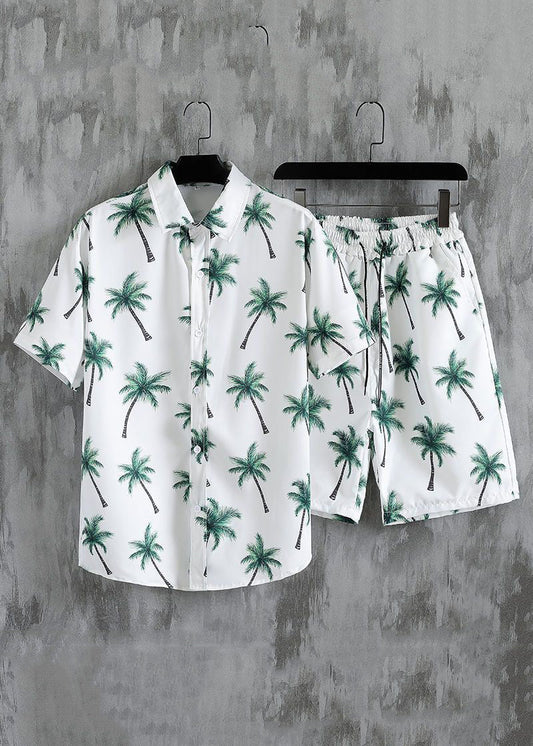 New White Button Print Elastic Waist Cotton Men Two Pieces Set Summer HG062