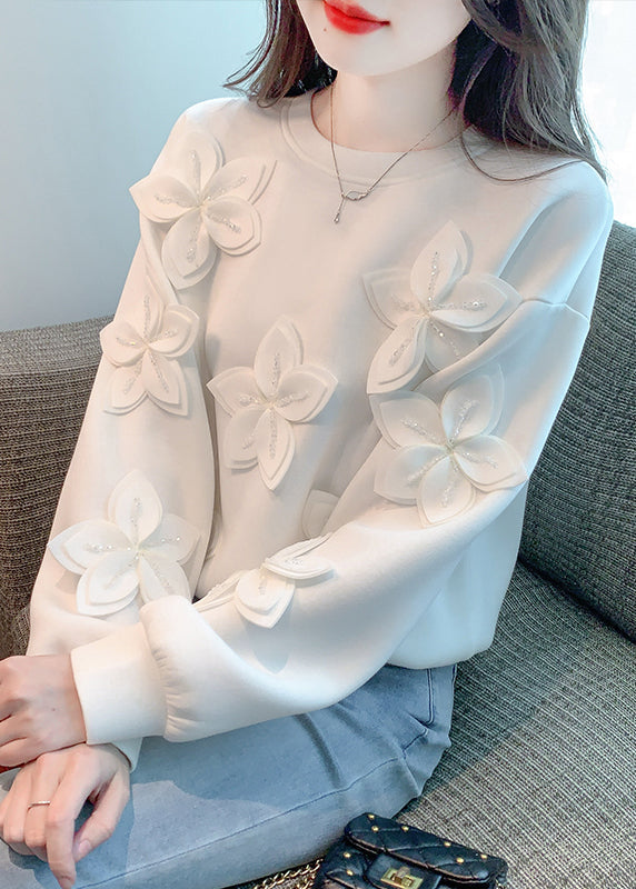 New White Floral Solid Patchwork Cotton T Shirt Fall WM029