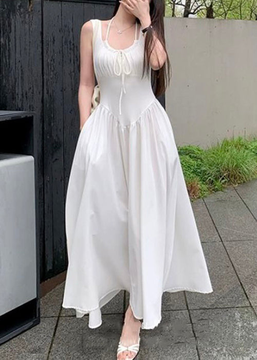 New White Lace Up Pockets Cotton Long Dress Sleeveless ZL033