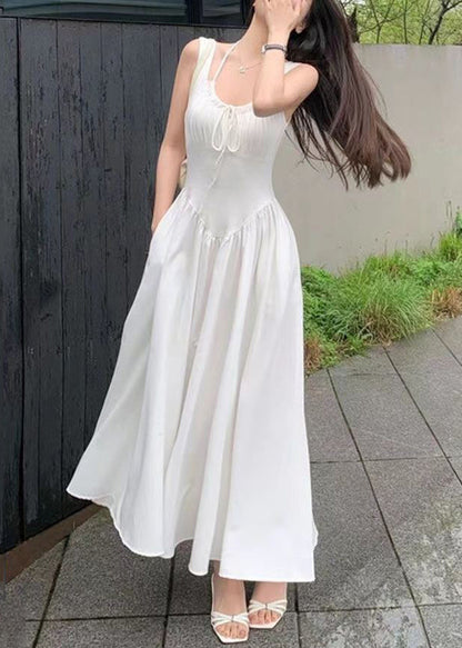 Nouvelle robe longue blanche en coton à lacets et poches sans manches ZL033