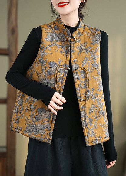 New Yellow Print Chinese Button Cotton Filled Waistcoat Winter QG046