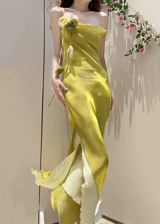 New Yellow Side Open Solid Silk Spaghetti Strap Dress Sleeveless ZL055