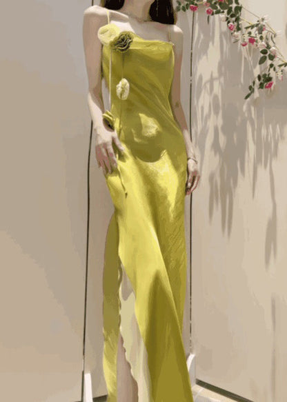 New Yellow Side Open Solid Silk Spaghetti Strap Dress Sleeveless ZL055