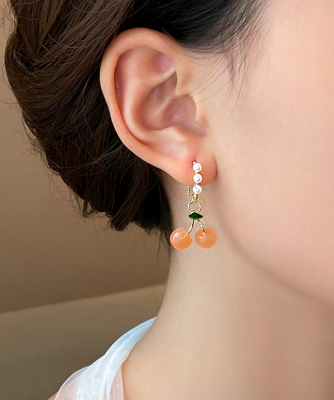 Novelty Orange Copper Alloy Cherry Pearl Hoop Earrings WH040