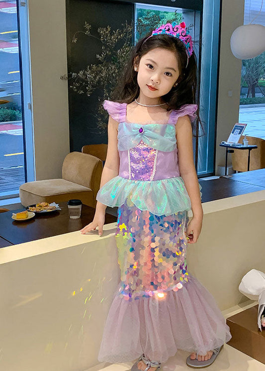 Novelty Purple Square Collar Sequins Tulle Kids Mermaid Maxi Dress Short Sleeve YE011