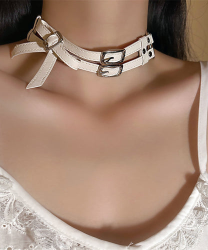 Novelty White Leather Patchwork Stainless Steel Bow Choker YR015