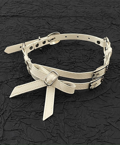 Novelty White Leather Patchwork Stainless Steel Bow Choker YR015