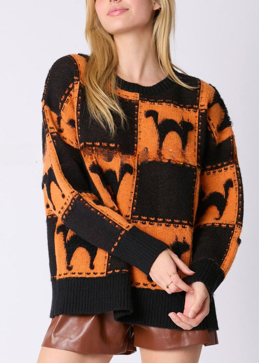 Pull en tricot confortable à col rond avec motif animal orange AE1027