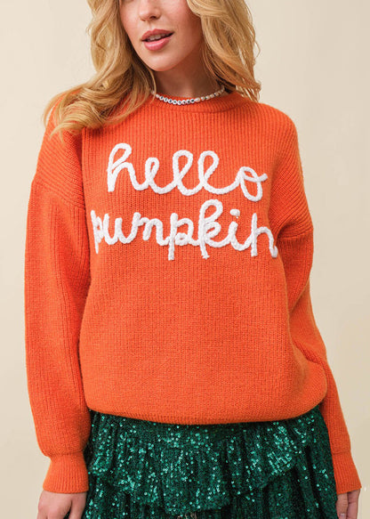 Orange Hollow Out Knit Sweaters O-Neck Long Sleeve AE1010