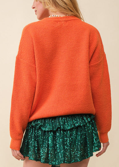 Pull en tricot ajouré orange à col rond et manches longues AE1010