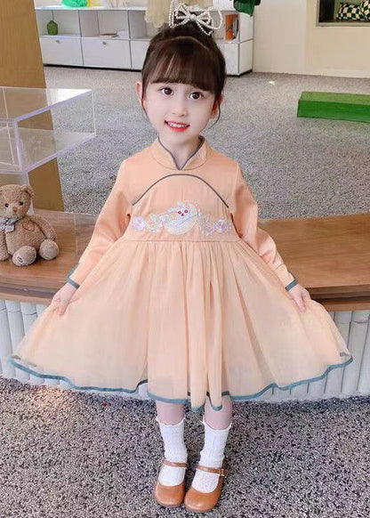 Orange Zippered Tulle Patchwork Cotton Girls Dress Stand Collar Fall XZ019