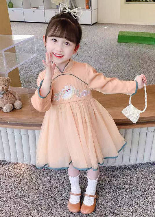 Orange Zippered Tulle Patchwork Cotton Girls Dress Stand Collar Fall XZ019