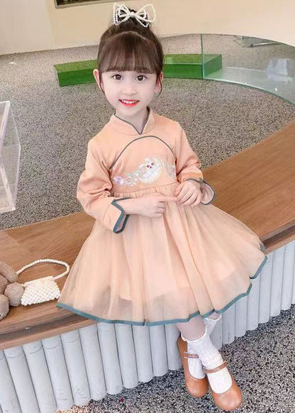 Robe en tulle orange à fermeture éclair et patchwork de coton pour fille, col montant, automne XZ019