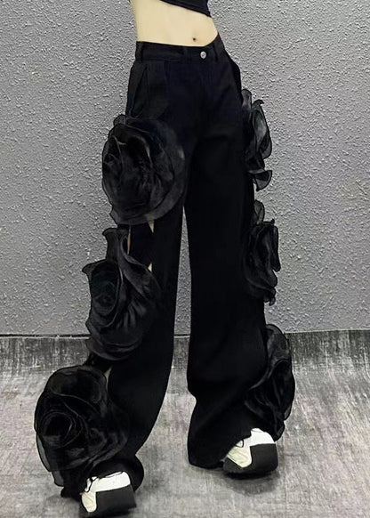 Original Design Blue Hollow Out Floral Denim Wide Leg Pants Fall RI035