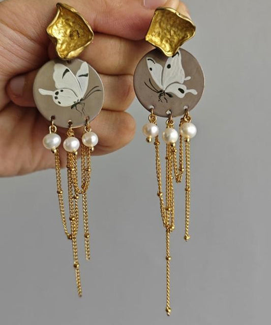 Original Design Gold Sterling Silver Overgild Pearl Butterfly Tassel Drop Earrings QJ016