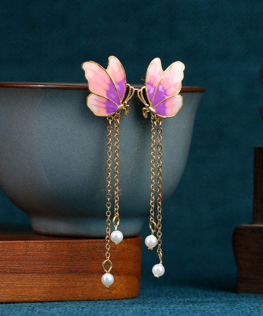 Boucles d'oreilles à pampilles papillon en perles dorées anciennes et dégradées de couleurs originales GH1082