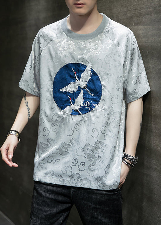 Original Design Silvery O-Neck Embroideried Ice Silk Mens T Shirts Summer HG001