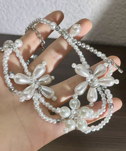 Original Design White Alloy Floral Pearl Beading Pendant Necklace YU022