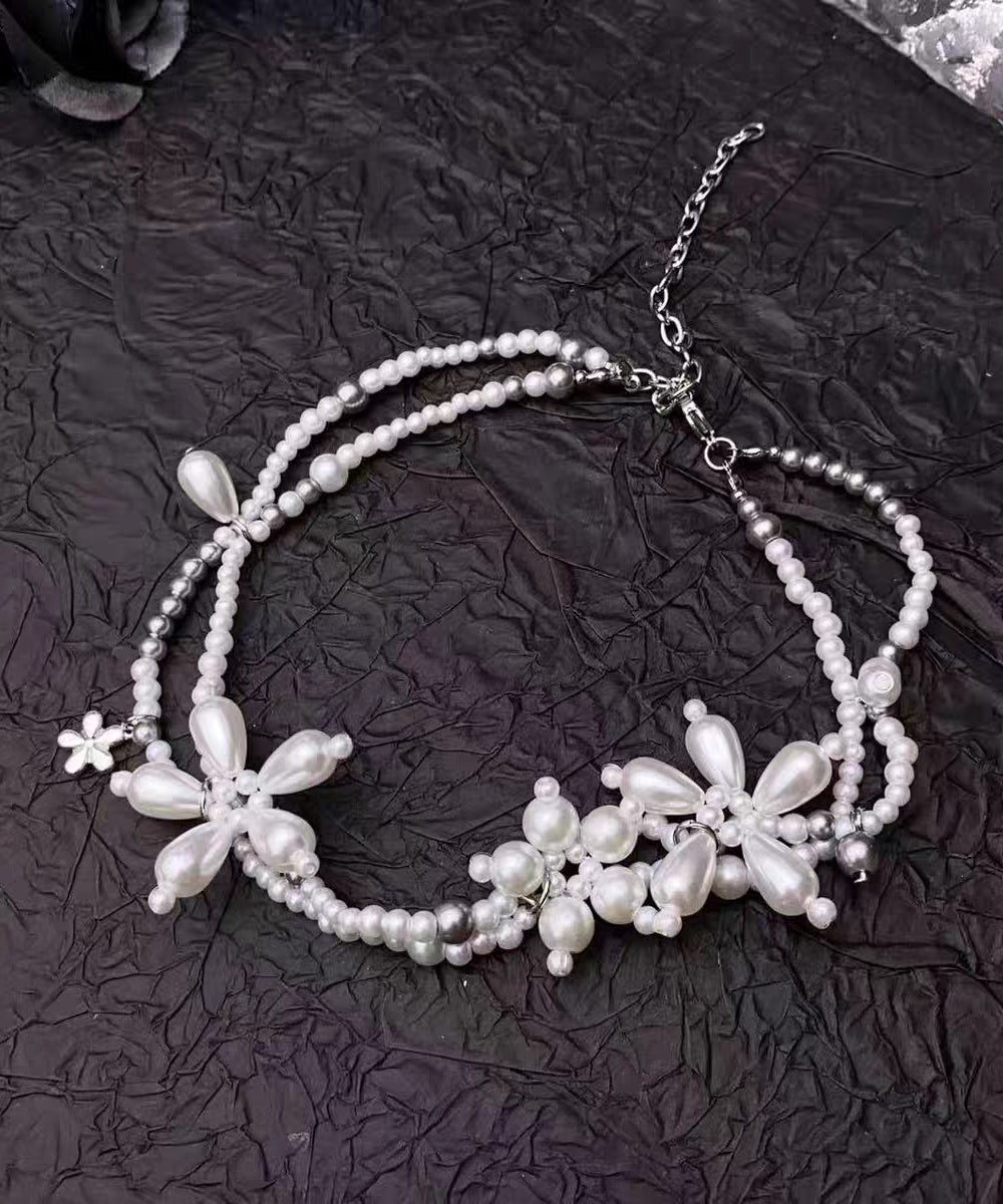 Original Design White Alloy Floral Pearl Beading Pendant Necklace YU022