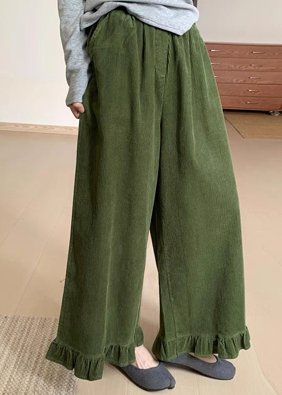 Original Green Ruffled Patchwork Corduroy Wide Leg Pants Winter RF010