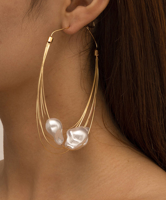 Oversize Gold Multi Layer Metal Pearl Drop Earrings YI005