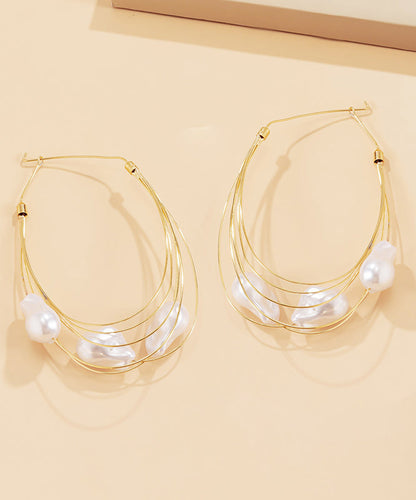 Oversize Gold Multi Layer Metal Pearl Drop Earrings YI005