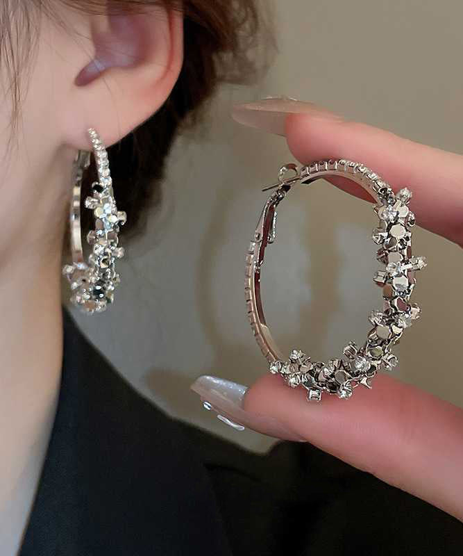 Boucles d'oreilles créoles surdimensionnées en argent sterling et en alliage de zircons et paillettes QJ050