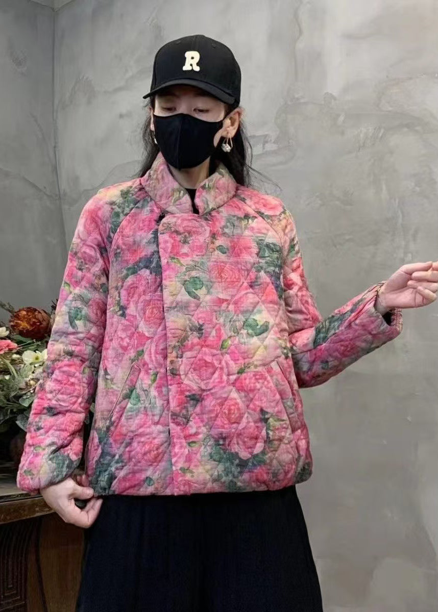 Pink Floral Print Fine Cotton Filled Coat Mandarin Collar Winter YO006