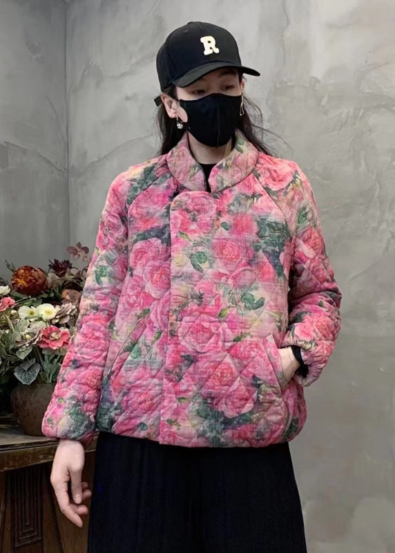 Pink Floral Print Fine Cotton Filled Coat Mandarin Collar Winter YO006