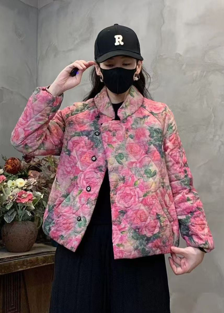 Pink Floral Print Fine Cotton Filled Coat Mandarin Collar Winter YO006