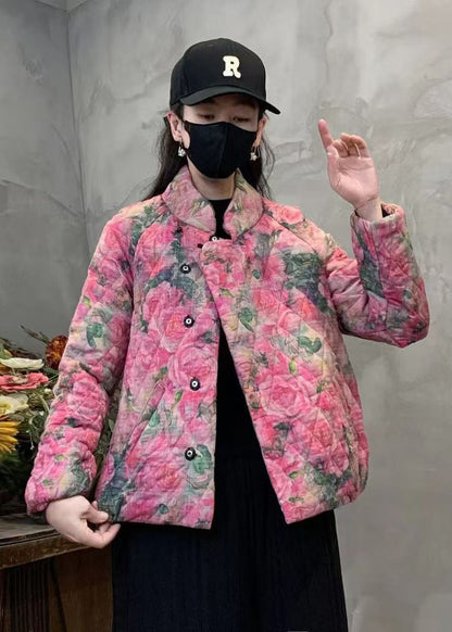 Pink Floral Print Fine Cotton Filled Coat Mandarin Collar Winter YO006