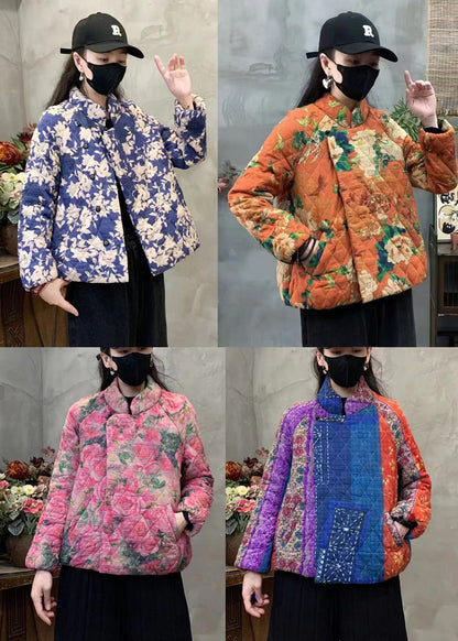 Pink Floral Print Fine Cotton Filled Coat Mandarin Collar Winter YO006