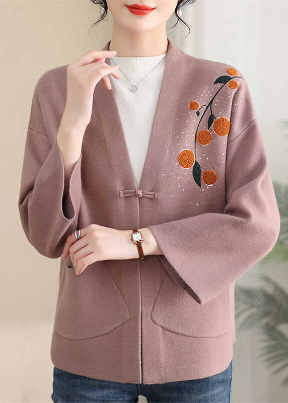 Pink Print Button Solid Cotton Knit Coat Spring TA023