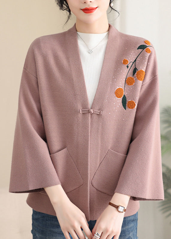 Pink Print Button Solid Cotton Knit Coat Spring TA023